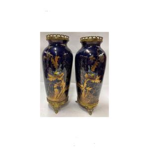 Enamelled Ceramic Vases With Enamelled Bird Decoration