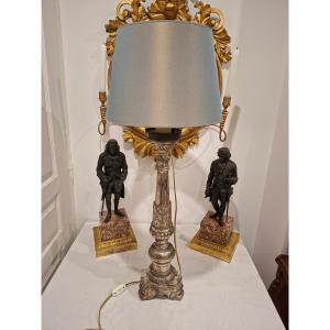 Silver-plated Wooden Candle Holder Mounted As A Lamp