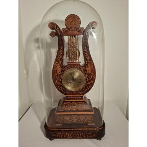 Lyre-shaped Clock In Rosewood Veneer And Light Wood Inlay