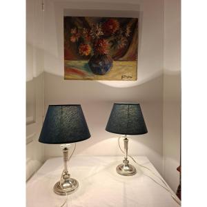 Pair Of Silver Metal Candlesticks Mounted As Lamps