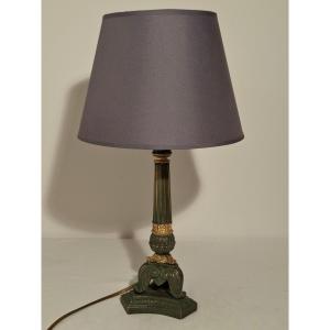 Bronze Candlestick/flame With Two Patinas, Mounted As A Lamp