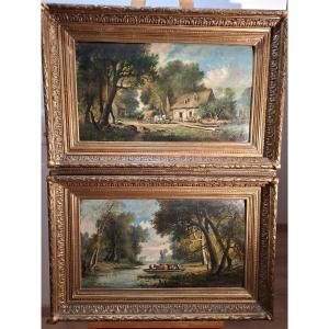 Paintings, Pair Of Oils On Wood, The Hamlet And The Crossing Of The Marsh 