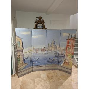 Four-panel Folding Screen Depicting A Venetian Scene, Oil On Canvas 