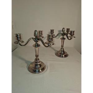 Pair Of Silver-plated Metal Candelabra/candle Holders With 3 Lights