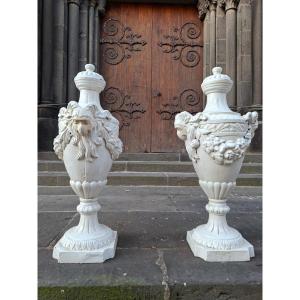 Painted Cast Iron Vases/urns With Beliers Heads And Flower Braids