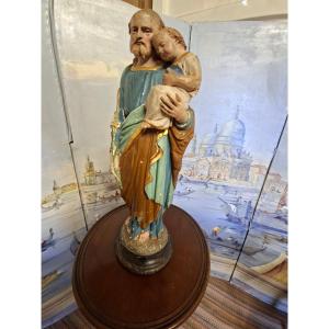 Polychrome Painted Plaster Statue Of Joseph And Child Jesus.