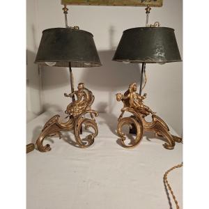 Bouillottes Lamps Mounted On A Base Of Chenets With Louis XV Style Bronze Subjects