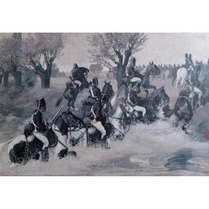 Victor Huen "napoleonic Soldiers Crossing The River" Large Gouache - Milirariat - Napoleon