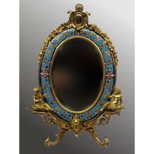 Cloisonné Table Mirror "with Putti" Attributed To A. Giroux - 19th Century