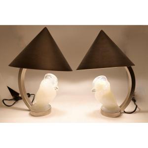 Pair Of Opalescent Glass Lamps By Sabino Or Charles Graffart For Val Saint Lambert 