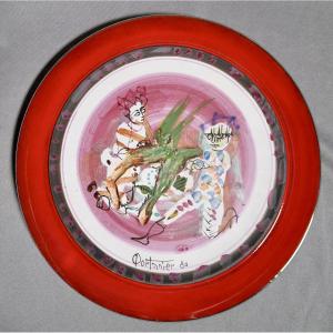 Gilbert Portanier - Plate With Figures And Red Outline - Vallauris - Cannes