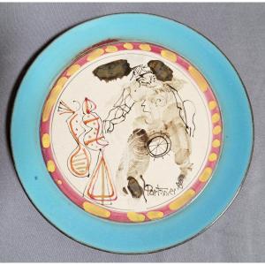 Gilbert Portanier - Plate With Figures And Sky Blue Outline - Vallauris - Cannes