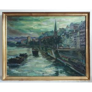 André Tony Simplet (1924-2011) View Of Lyon Saint-georges Church Quays Of Saône Oil On Canvas