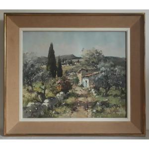 Provencal Landscape Oil On Canvas P. Grimaldi