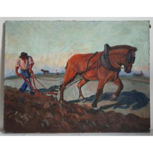 Louis Audibert (1880-1983) Oil On Canvas Horse Plowing Plowman