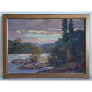 Oil On Wood Lake Landscape - The Loire At Villerest - A. Berger 1930