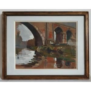 Jean Vinay (1907-1978) Watercolor River Landscape Bridge 1930