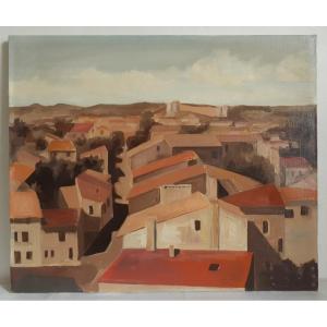 Painting Oil On Canvas Landscape Roofs (signed)