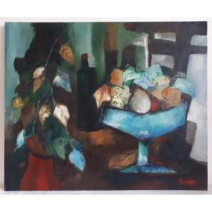 Yvette Cathiard (born In 1946) Oil On Canvas Still Life With Fruits 1971