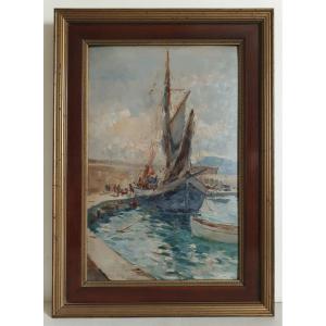 Table Oil On Panel Marine Animated Port Sailboat Late 19th (signed)