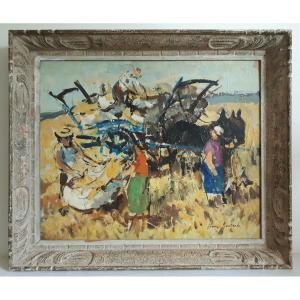 Pierre Gontard (born In 1927) Oil On Panel Harvest Scene