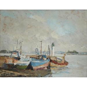 Oil On Panel Marine Fishing Boats Seaside Perron
