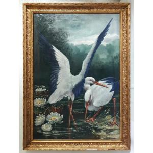 Henrick Hoppe Animal Painter Oil On Canvas Storks 1908