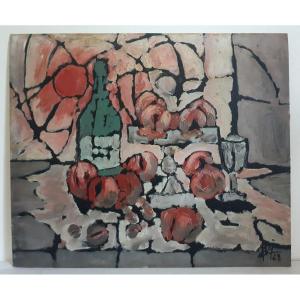 Oil On Panel Still Life Fruits Bottle 1968