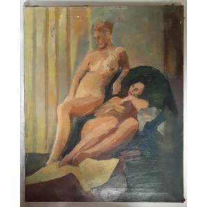 Jocelyne Antoine (born In 1936) Oil On Canvas Female Nudes In An Interior