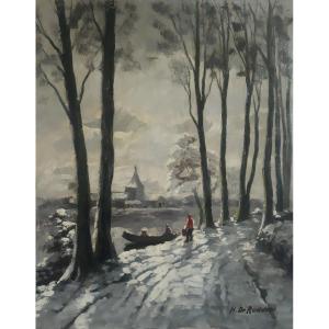 Oil On Wood Snowy Winter Lake Landscape Snow H. De Rudder