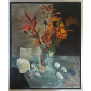 Large Painting Oil On Canvas Still Life Bouquet Of Flowers 1960/1970