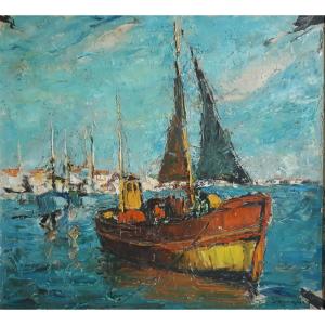 Jean Bousquet View Of Concarneau Port Oil On Canvas Marine