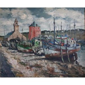 Port Of Camaret Sur Mer Brittany Oil On Marine Canvas (signed)