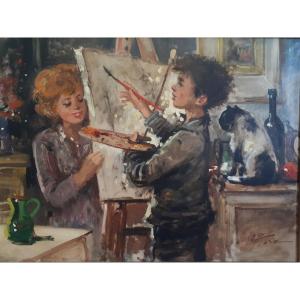 L. Fiore Large Oil On Canvas Interior Scene Child Painter