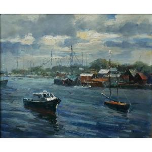 Painting Oil On Canvas Seascape Port (signed)