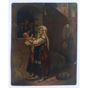 Miniature Oil On Sheet Metal Genre Scene 19th
