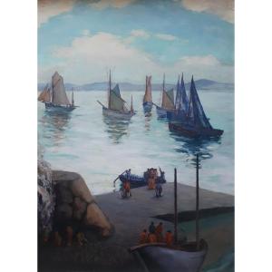 Louis Rodolphe Defontaine (1878-1962) Oil On Panel Marine Returning From Fishing