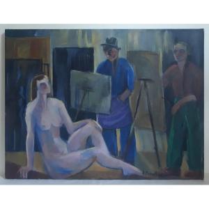 Amy Torrilhon (born In 1925) Painters' Workshop Female Nude Oil On Canvas Cubism