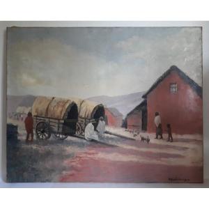 Raymond Savignac (1886-1951) Oil On Canvas Madagascar Peasant Life Scene