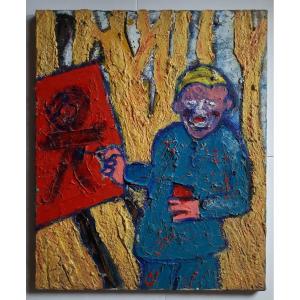 Painting Oil On Canvas Painter At His Easel Art Brut