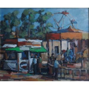 Raul Anton Rial (1936-2001) Oil On Panel Funfair Merry-go-round Uruguay
