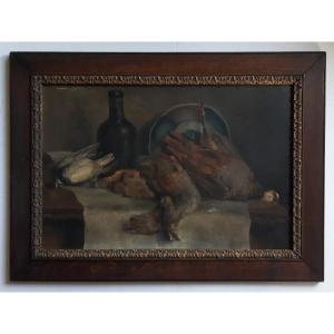 Still Life Returning From Hunting Game Partridge Oil On Panel 19th Century