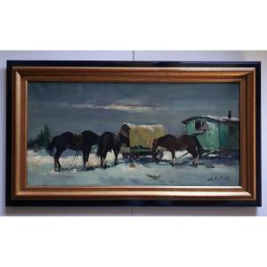Gypsy Bohemian Camp Horses And Caravans Oil On Canvas (signed)