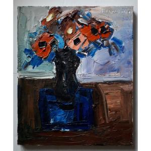 Michel Craven (born In 1950) Oil On Canvas Still Life With Bouquet Of Flowers