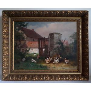 Charles Marechal (1865-1931) Oil On Canvas Farmyard Scene Chickens