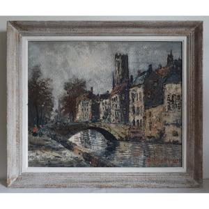 Simon Kramer (1940-2015) View Of Bruges Belgium Oil On Canvas