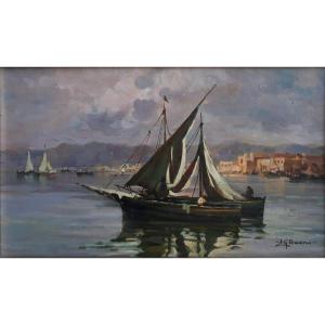 Leon Giuseppe Buono (1887-1975) Oil On Wood Marine Italy Naples