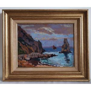 Camille Dandelot (1914-1993) Oil On Cardboard Marine Rocky Coast