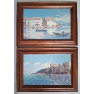 Pair Of Paintings Oil On Panel Seascapes Côte d'Azur Signed Février