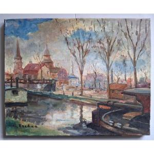 Painting Oil On Canvas Urban Landscape Canal Barges